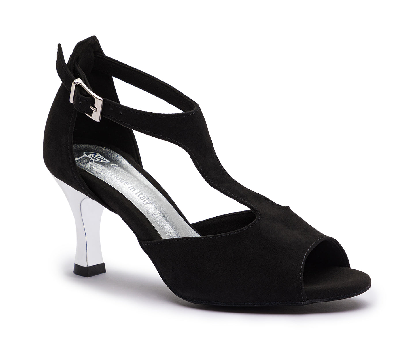DQ1001 Tanzschuhe: Schwarzer offener Absatz mit T-Riemen und silberner Schnalle, mit stylischem silbernen Absatz.